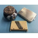 A small engine turned silver case, a silver top bottle and a bone vesta case (3)