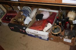 Quantity of pictures, oval meat plates, three boxes of decanters, bottles and mixed china etc.