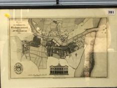 A framed plan of Sunderland and Bishopwearmouth and Monkwearmouth, dated 1817, 32cm x 47cm