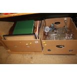 3 boxes of glassware, stamp album, boxed cutlery etc.