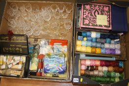 Two boxes of glass and a quantity of wool yarns etc.