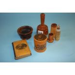 A Mauchline ware 'Ferry Cottage Corby' prayer book and four pieces of treen