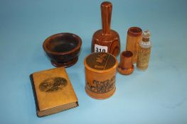 A Mauchline ware 'Ferry Cottage Corby' prayer book and four pieces of treen