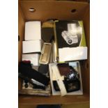 Two boxes of costume jewellery, modern watches etc.