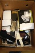 Two boxes of costume jewellery, modern watches etc.