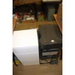 Modern white chest of drawers, a large tool chest etc.