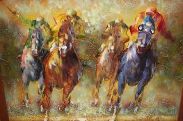 Three modern oils and a horse print