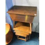 A sewing box and an oak nest of tables