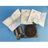 Two World War I medals awarded to 43813 PNR H. Burnham R.E. and a death plaque