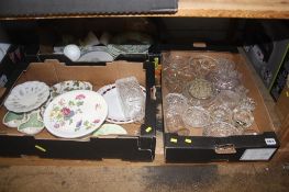 A shelf containing cut glass and china, Wedgwood, Hornsea, Royal Stafford, Royal Paragon etc.