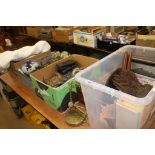 Four boxes to include a quilt, stereo, various animals and sculptures, Pelham puppet etc.