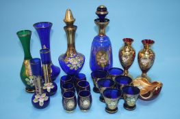 Collection of Continental coloured glassware, decorated with enamels