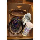 Box containing; Poole vase, Denby bowl, glass fruit bowl and stand etc.