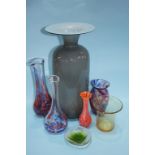 Seven pieces of coloured glassware