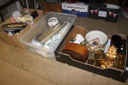 Three boxes containing tea wares, decorative plates, various clocks etc.