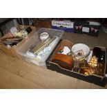 Three boxes containing tea wares, decorative plates, various clocks etc.