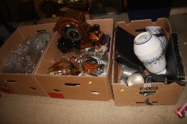 Three boxes of glass, china and metalworks etc.