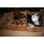 Three boxes of glass, china and metalworks etc.