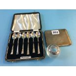 Cased set of silver teaspoons and a silver cigarette case. Weight 5.5oz/172 grams and a silver match