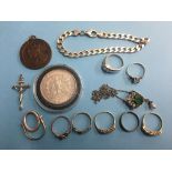 Two 9ct gold dress rings, a 925 silver pendant, a silver bracelet and various rings etc.