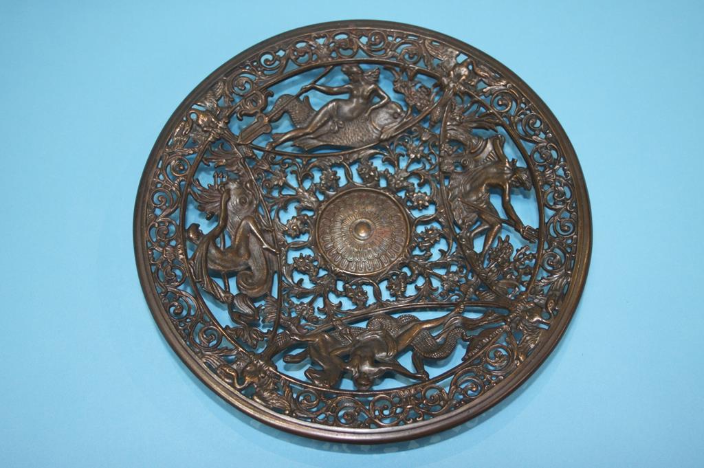 A pair of decorative Coalbrookdale style pierced plates, decorated with mythical figures - Image 2 of 3