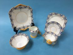 A 1930's Art Deco Shelley 'Chevron' pattern tea service, numbered 11775, comprising; six trios, cake