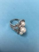 A pearl mounted white gold ring, size N, 9.4g