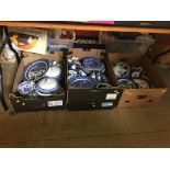 Four boxes of assorted blue and white china