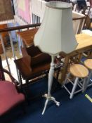 Cream standard lamp, oak occasional table etc.