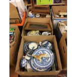 Three boxes including blue and white china