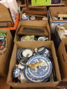Three boxes including blue and white china
