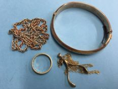 Quantity of 9ct gold necklaces, bangle etc., 23g