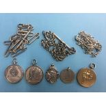 Various silver medals, Albert and other chains