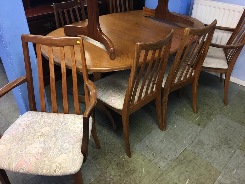 A G Plan teak dining table and six chairs