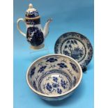 Oriental blue and white bowl, with six figure mark to base, together with a plate and a coffee pot