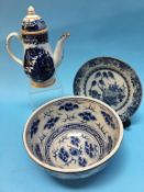 Oriental blue and white bowl, with six figure mark to base, together with a plate and a coffee pot