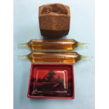 Mouseman oak napkin ring, Royal Doulton pin tray and two vials of Cognac
