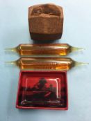 Mouseman oak napkin ring, Royal Doulton pin tray and two vials of Cognac