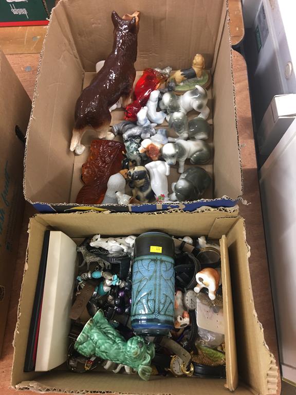 Two boxes including dog figures etc.