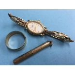 A 9ct tooth pick, Gents ring and a Ladies Rotary watch, stamped '9kt'
