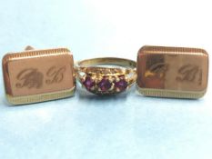 Pair of 9ct gold cufflinks and a 9ct ring, 16g