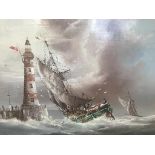 P. J. Wintrip, oil, signed, 'Vessels off a lighthouse', 32 x 37cm