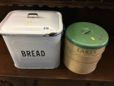 Enamel bread bin and cake tin