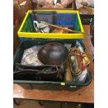 Two boxes of assorted items including a treen bowl etc.