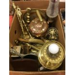 Assorted brass ware, copper kettle etc.