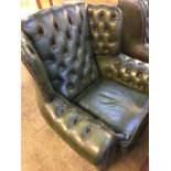 A green leather Chesterfield high back three piece suite