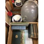 Two boxes including books, oak mirror, plated tureen cover etc.