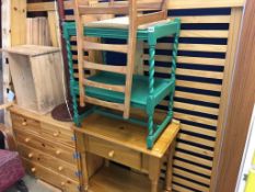 Pine bed frame, green trolley, pine table etc.