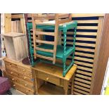 Pine bed frame, green trolley, pine table etc.