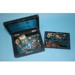 Antique jewellery box including; necklaces, Albert chain, earrings, bracelets, rings, brooches and